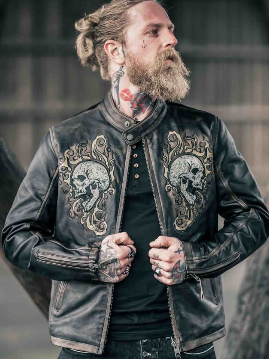 Online Rockdenim Rd Skull Flames Nahkatakki - Musta